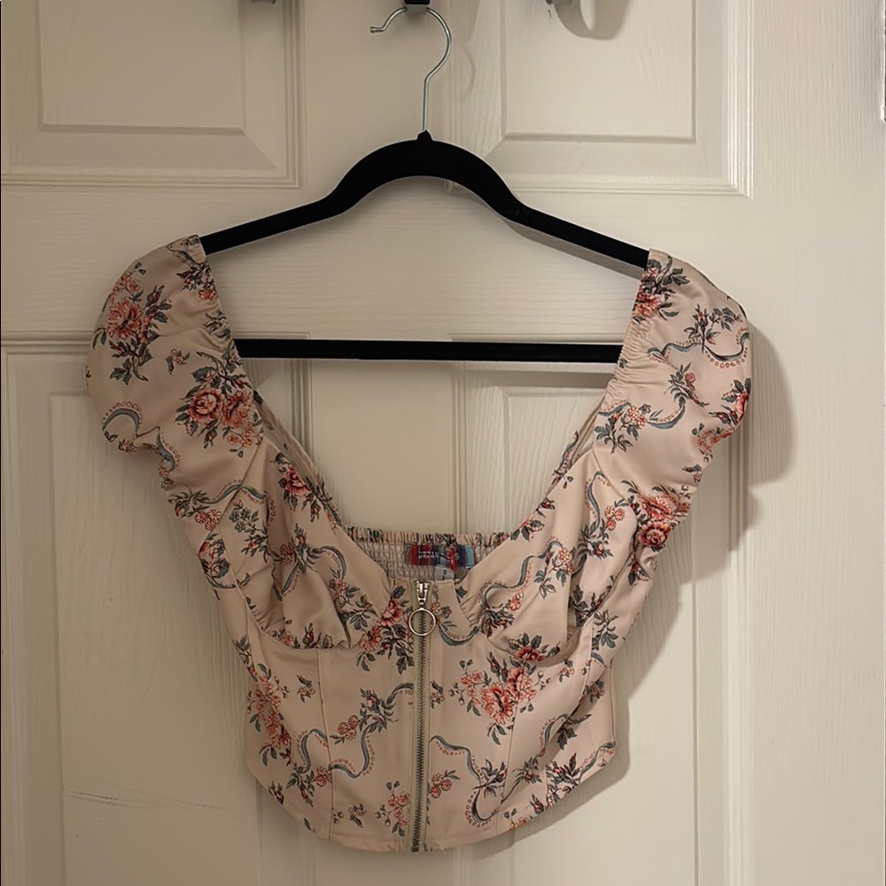 Urban Outfitters Floral Zippered Blouse - Cream and Red